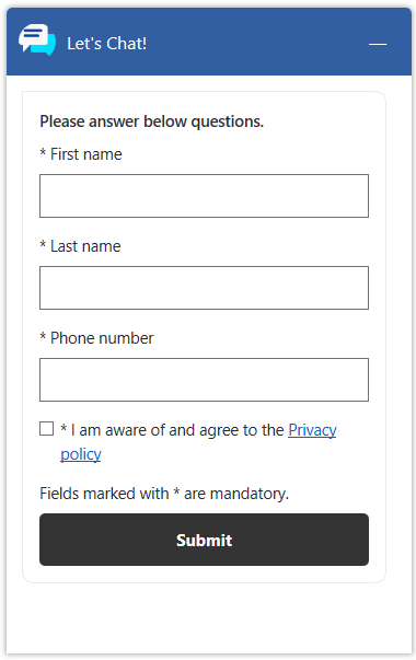 Captura de pantalla de la vista en tiempo de ejecución de las preguntas de la encuesta previa a la conversación.