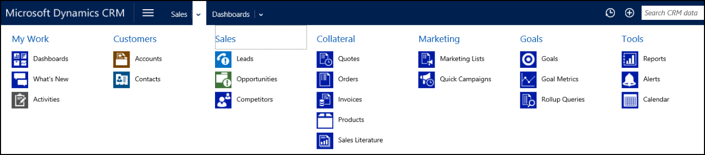 SiteMap muestra grupos y subáreas en Dynamics 365 Customer Engagement.