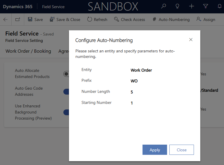Captura de pantalla del cuadro de diálogo de configuración de numeración automática