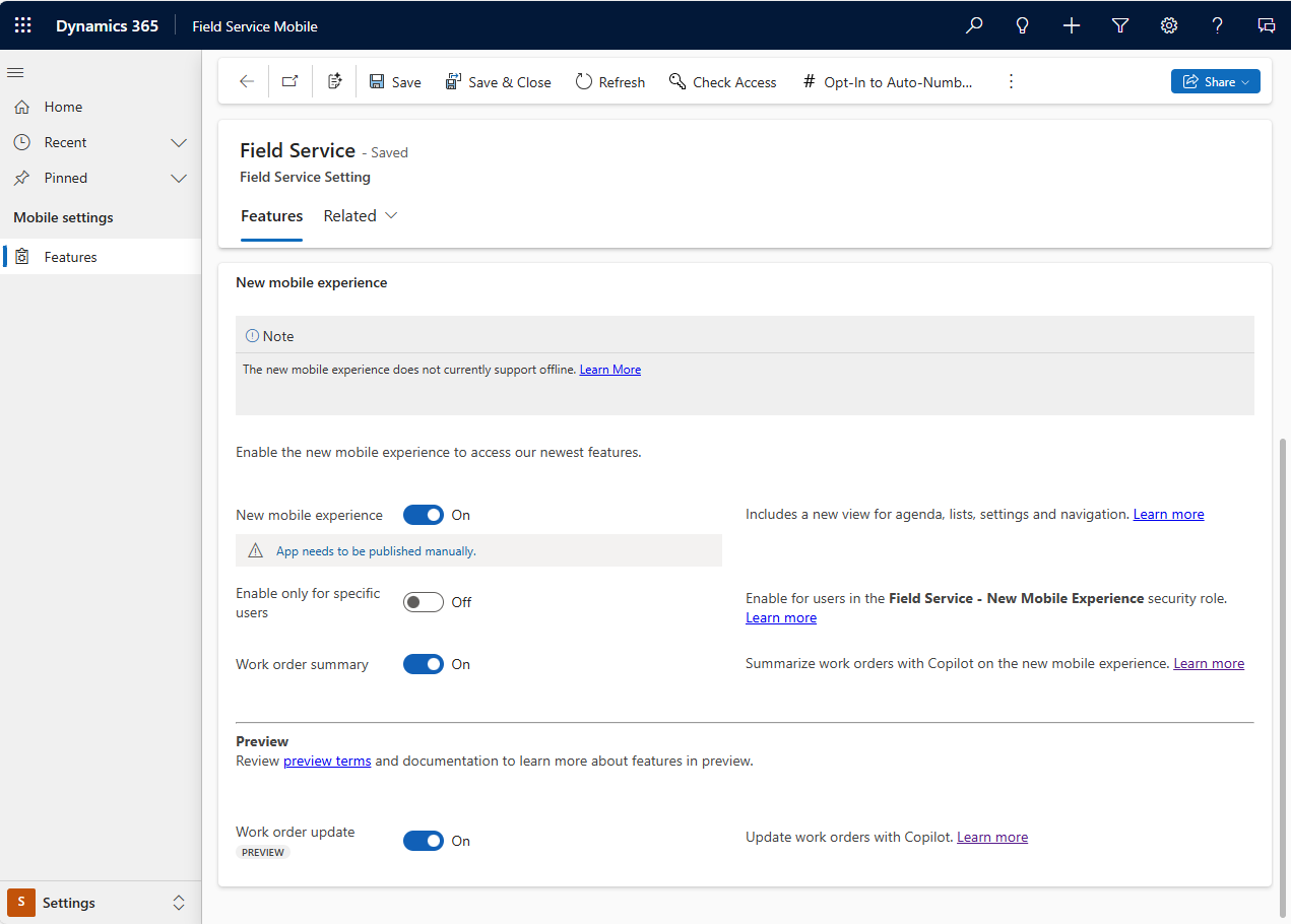 Captura de pantalla de la página Configuración del módulo de la aplicación móvil Field Service.