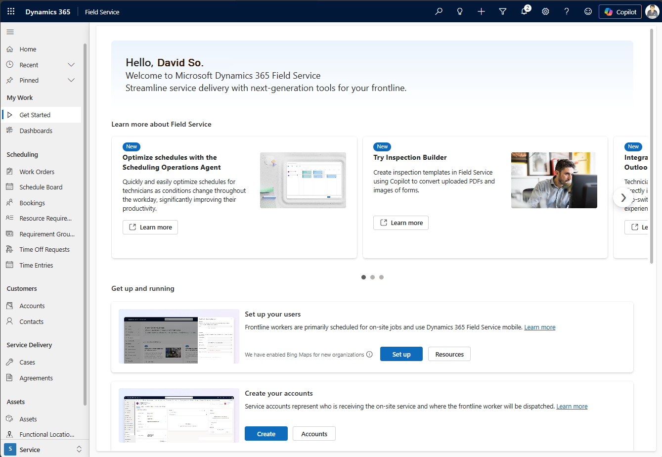 Captura de pantalla de la página Comenzar en Dynamics 365 Field Service con un elemento de navegación resaltado.