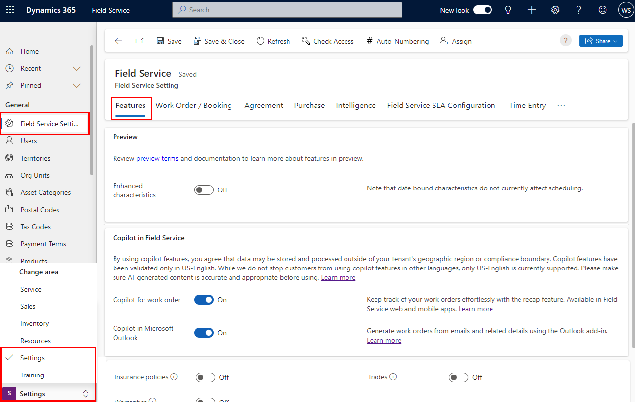 Captura de pantalla de la página Configuración de Field Service en el área Configuración