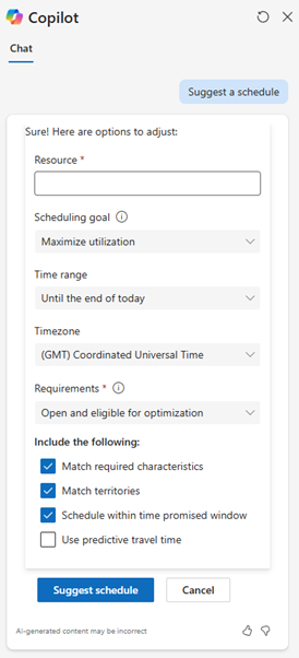 Screenshot of the Copilot side pane in Dynamics 365 Field Service showing a chat with a prompt to build a schedule for a technician.