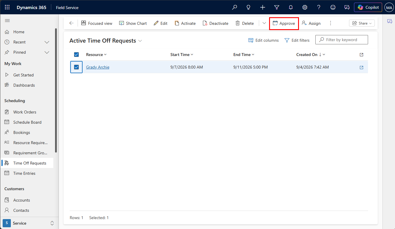 Screenshot of active time-off requests highlighting the Approve option.