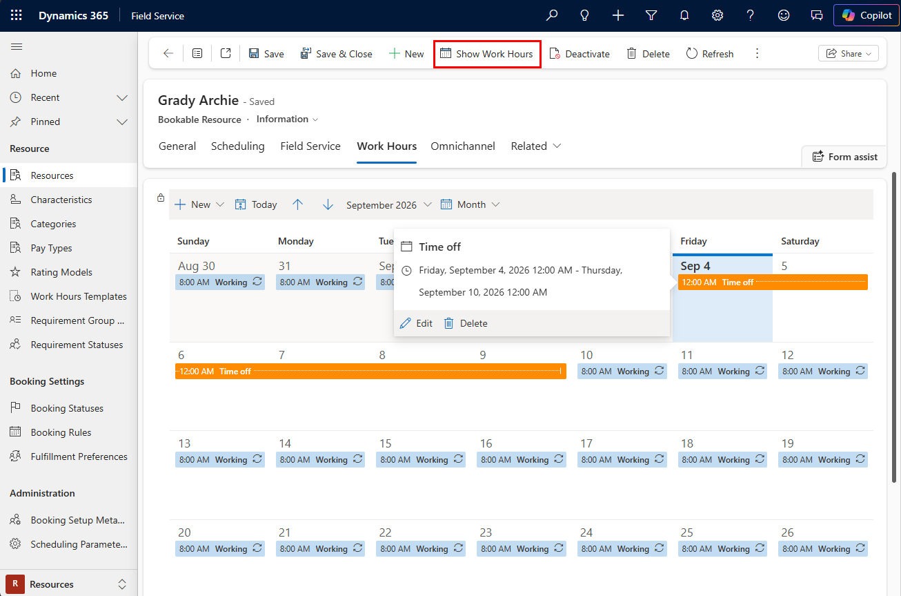 Screenshot of the monthly view of a resource's work hours, showing the edit and delete option.