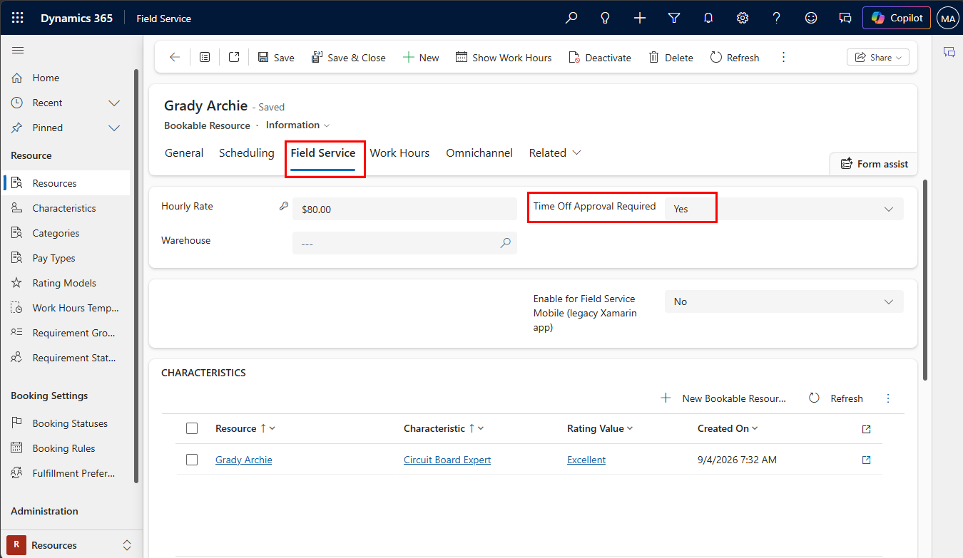 Screenshot of a bookable resource with the Time Off Approval Required field set to yes.