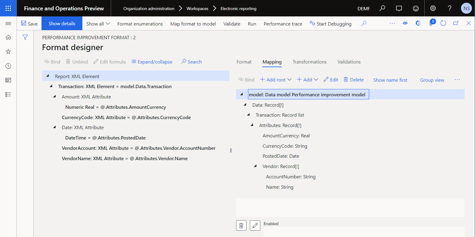 Formatear orígenes de datos y vínculos configurados de elementos de formato en la página del diseñador de formato.