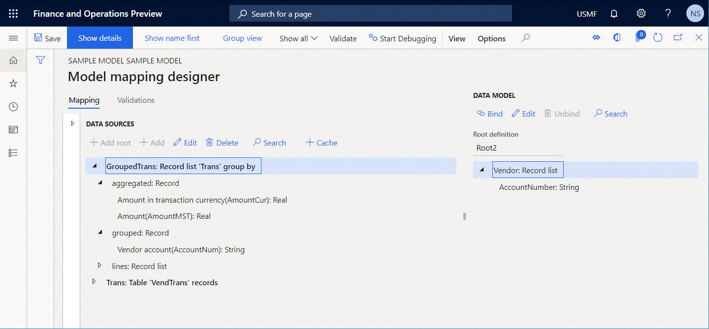 Configuración del origen de datos en la página Editar parámetros 'Agrupar por'.