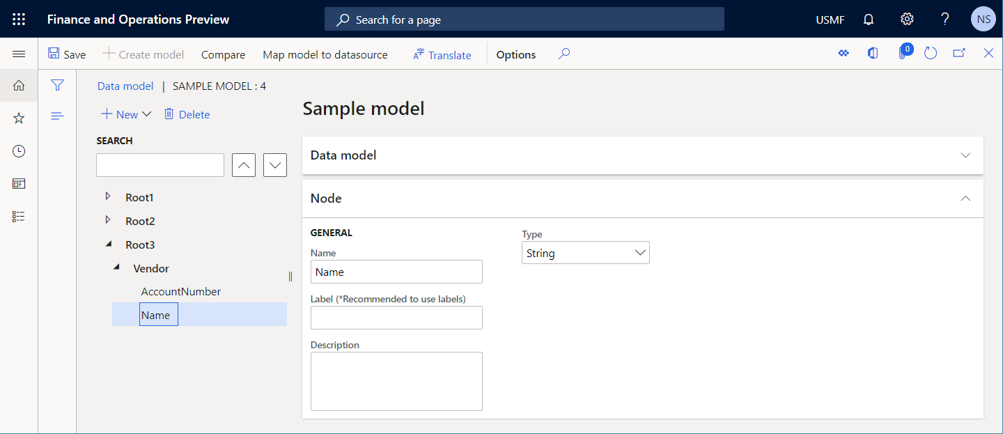 Agregar campos anidados al artículo del proveedor en la página Modelo de datos.