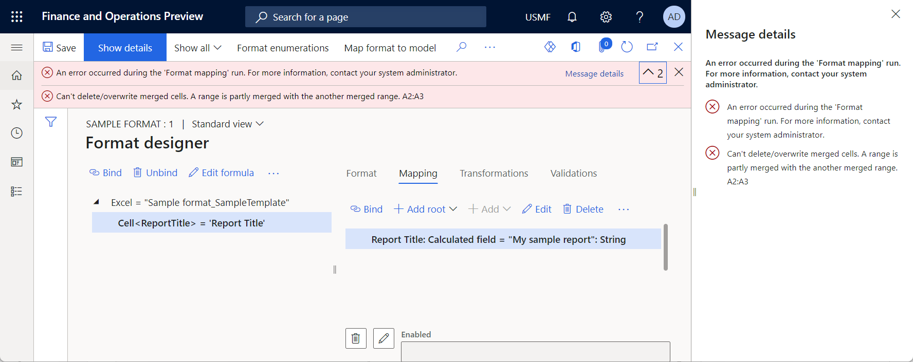 Revise los resultados de ejecutar el formato ER configurado en la página del diseñador de formatos.