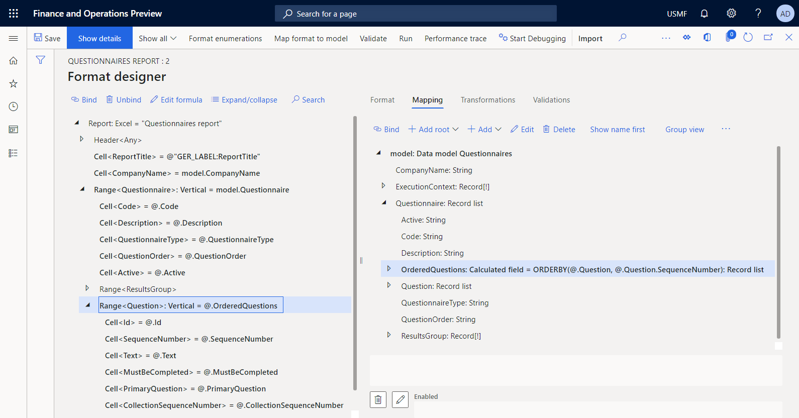 Vincular el elemento de formato de pregunta al origen de datos OrderedQuestions configurado en el diseñador de operaciones de ER.