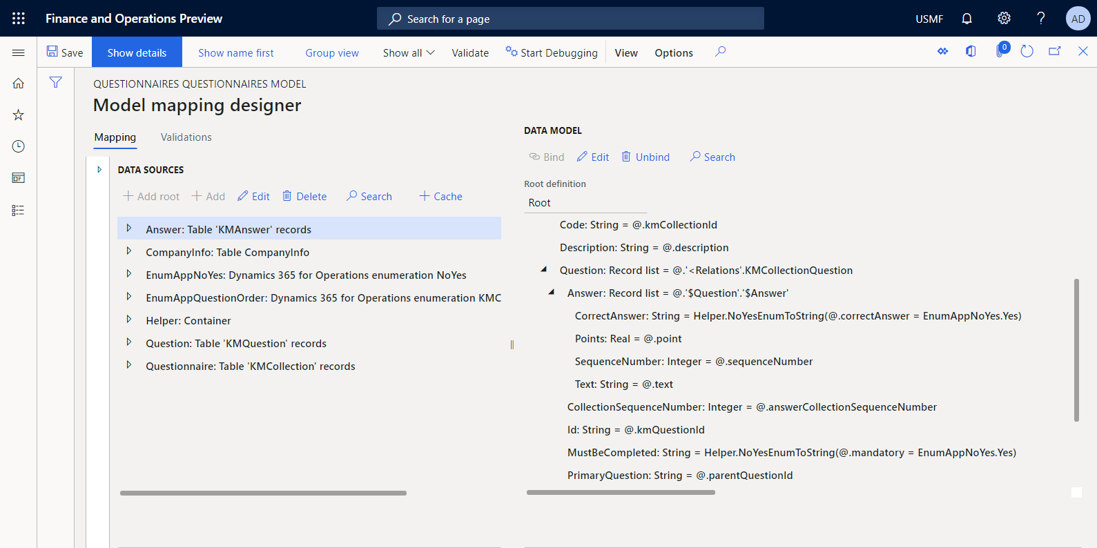 Asignación de datos totalmente configurada en el diseñador de asignación de modelo de ER.