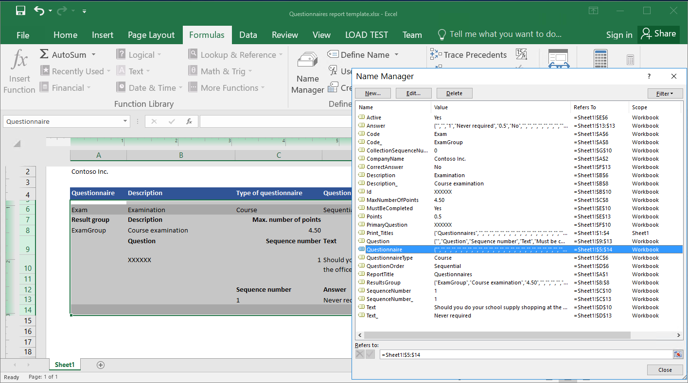 Filas de la plantilla de Excel que se repetirán en un informe generado para cada registro de los orígenes de datos de tipo lista de registros.