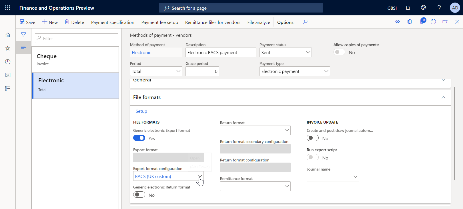 Métodos de pago: página de proveedores para configurar un método de pago electrónico para procesar pagos de proveedores utilizando un formato personalizado.