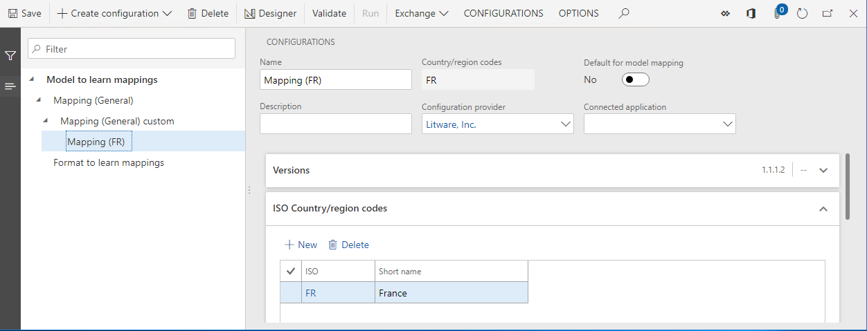 Página de configuraciones de ER, configuración de asignación de modelos (FR).