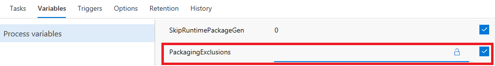 Screenshot of the PackagingExclusions variable in the build definition.
