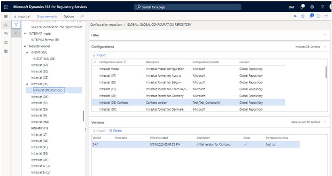 Versión de configuración de Intrastat Contoso derivada en el repositorio global.