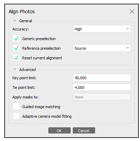 Configuración predeterminada de Align Photos Configuración predeterminada de Align Photos.