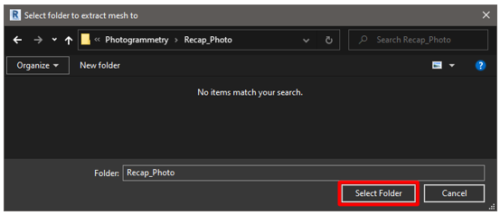 Cuadro de diálogo Select folder to extract mesh con el botón Select Folder seleccionado Cuadro de diálogo Select folder to extract mesh con el botón Select Folder seleccionado.