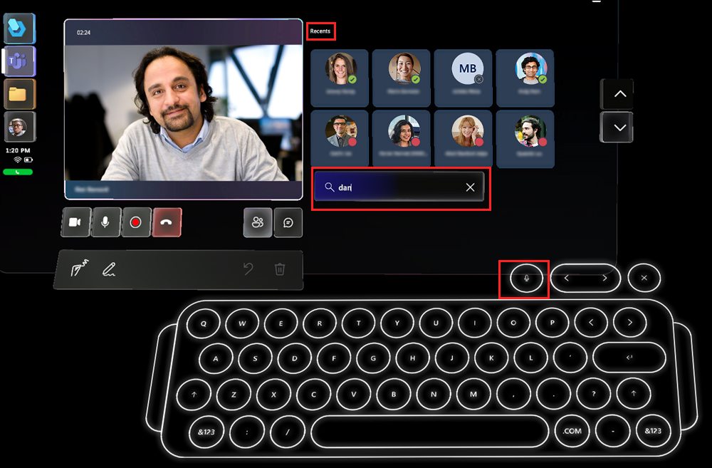 Captura de pantalla de la lista Reciente con el cuadro Búsqueda y el teclado holográfico Captura de pantalla de la lista Reciente con el cuadro Búsqueda y el teclado holográfico