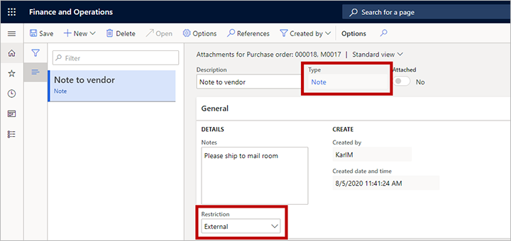 Nota adjunta que está configurada para enviarse a un proveedor.