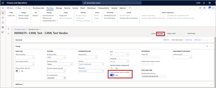 Pedido de compra configurado para usar cXML.