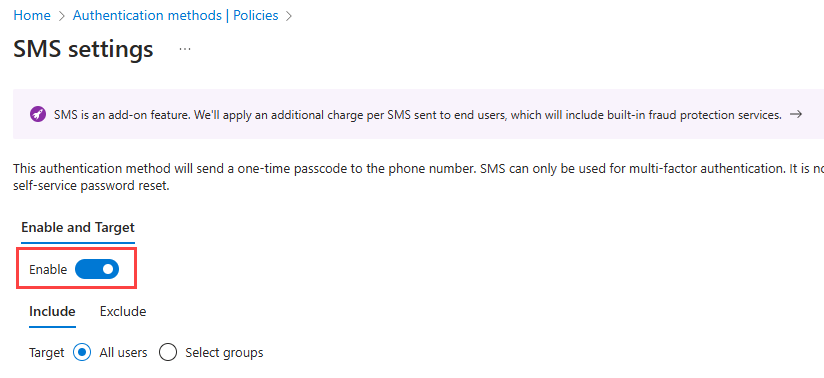 Captura de pantalla de la habilitación de SMS.