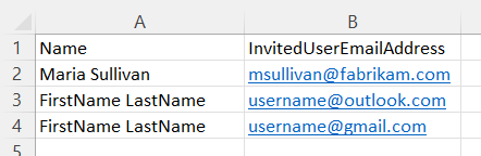 Captura de pantalla en la que se muestran las columnas de archivo csv de Name e InvitedUserEmailAddress.