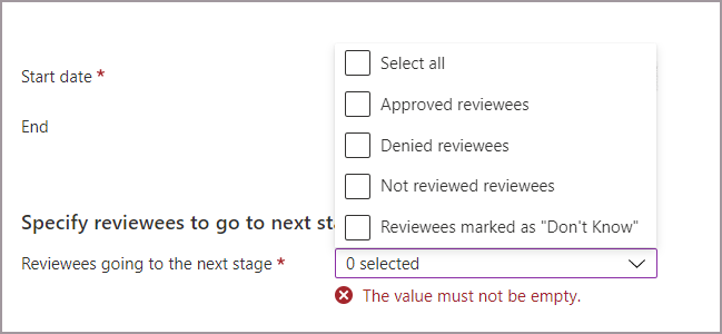 Screenshot that shows specify reviewees setting and options for multi-stage review.