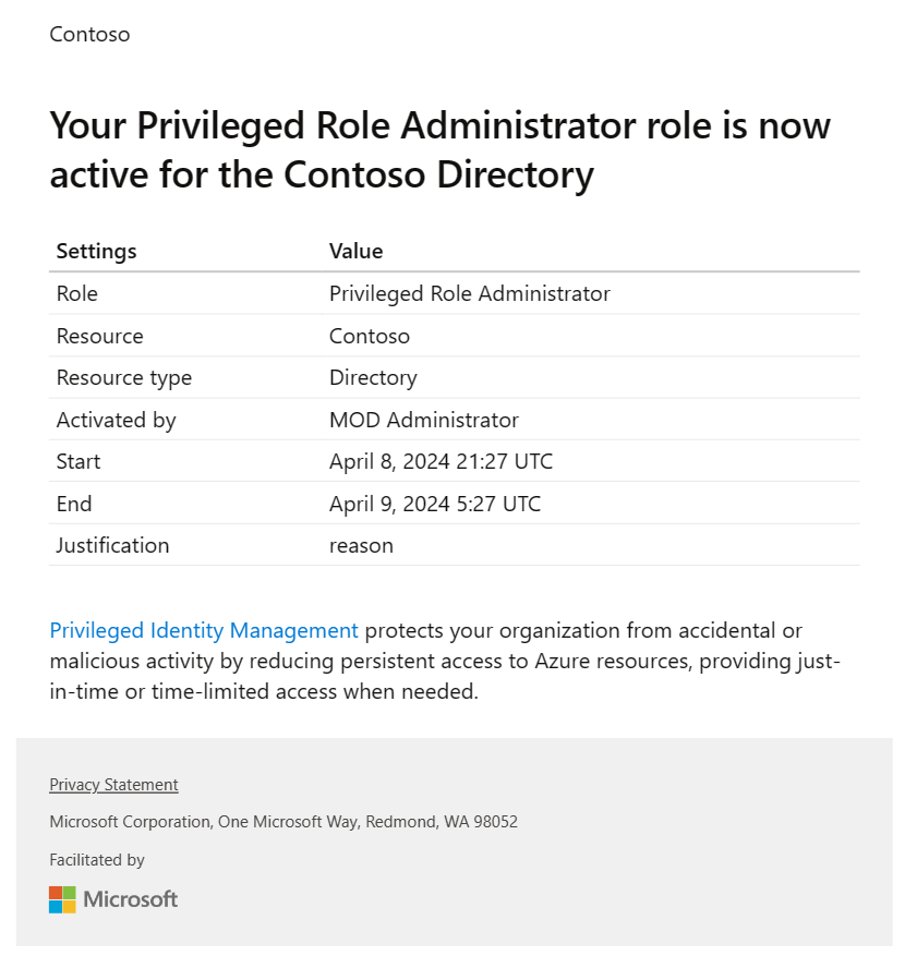 Captura de pantalla que muestra el nuevo correo electrónico de Privileged Identity Management para roles de Microsoft Entra.