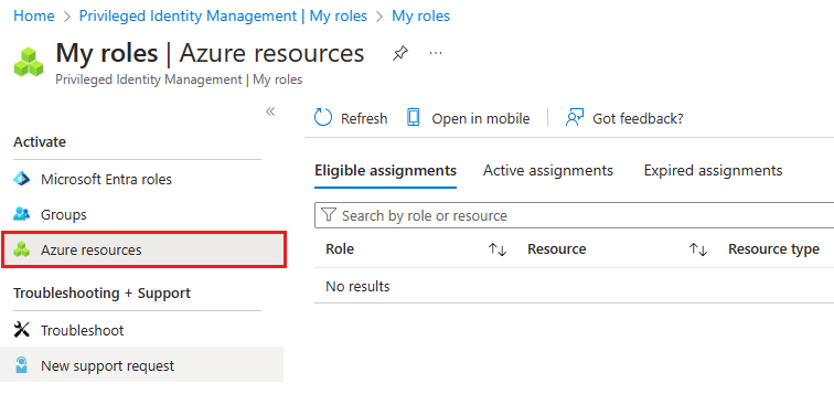 Captura de pantalla de la página de mis roles: roles de recursos de Azure.