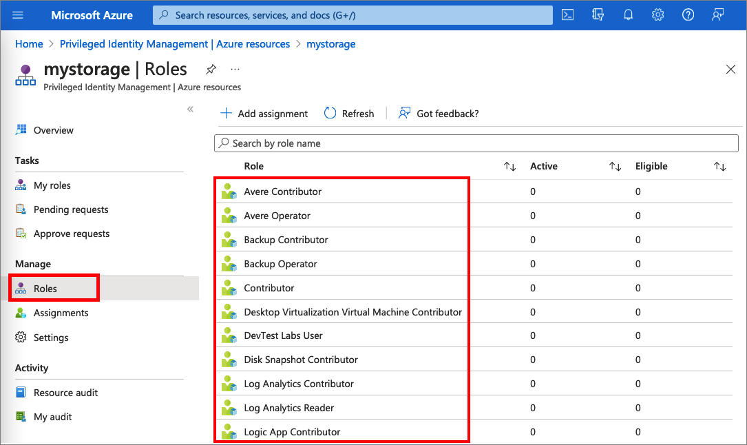 Captura de pantalla que muestra los roles de una cuenta de Azure Storage.