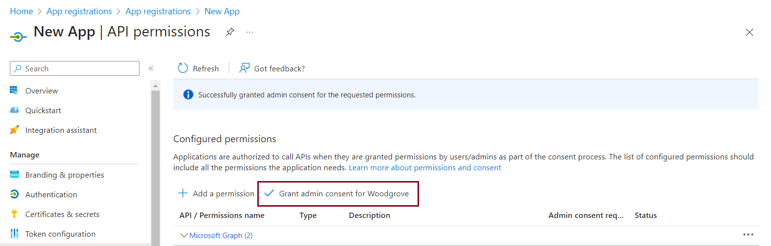Captura de pantalla de Azure Portal y cómo conceder consentimiento del administrador.