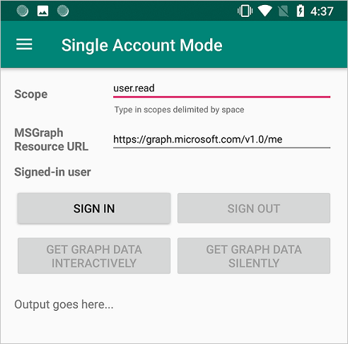 Captura de pantalla de la aplicación de ejemplo de MSAL que muestra el uso de una cuenta y de varias.