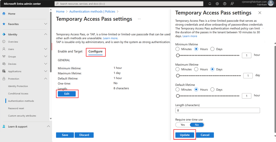 Captura de pantalla sobre cómo personalizar la configuración del Pase de acceso temporal.