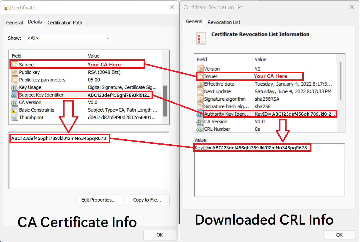 Captura de pantalla comparando el certificado de entidad de certificación con información de la CRL.