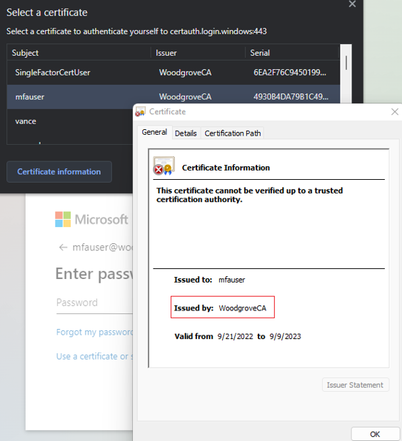 Captura de pantalla de la interfaz de usuario del selector de certificado.