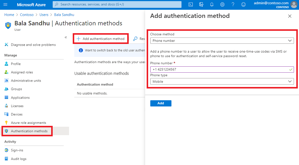 Establecer un número de teléfono para un usuario en el Centro de administración de Microsoft Entra para usar con la autenticación basada en SMS