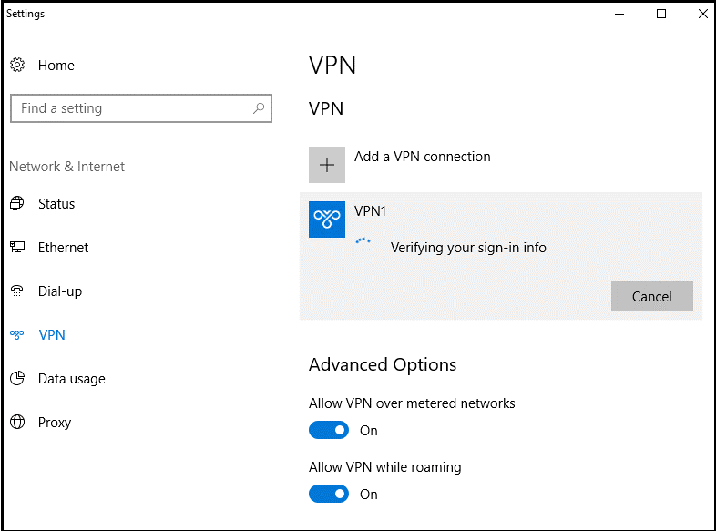Ventana de VPN en la configuración de Windows
