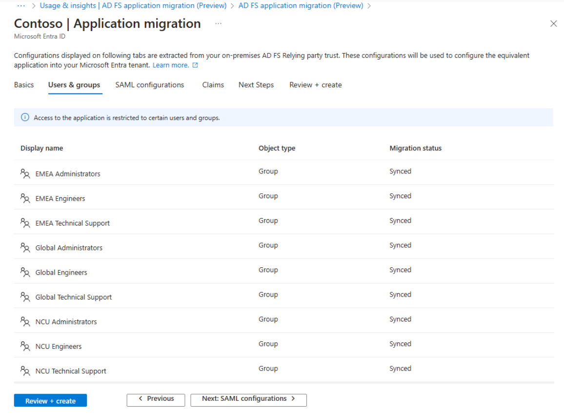 Captura de pantalla de la pestaña de usuarios y grupos de la migración de aplicaciones de AD FS.