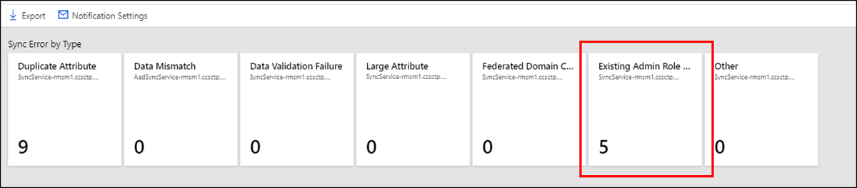 Captura de pantalla que muestra el número de errores de sincronización de Conflicto de rol de administrador existente.