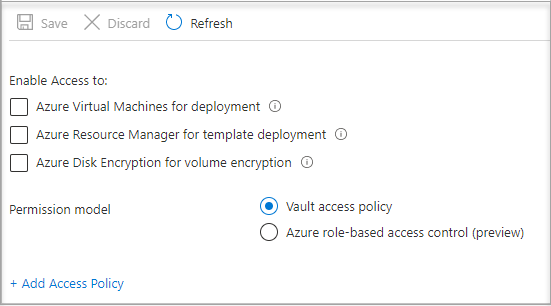 Captura de pantalla de la pantalla crear directiva de acceso del almacén de claves.