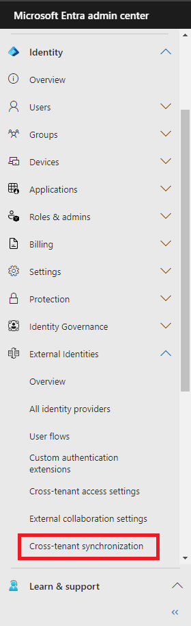 Recorte de pantalla que muestra la navegación de sincronización entre inquilinos en el Centro de administración Microsoft Entra.
