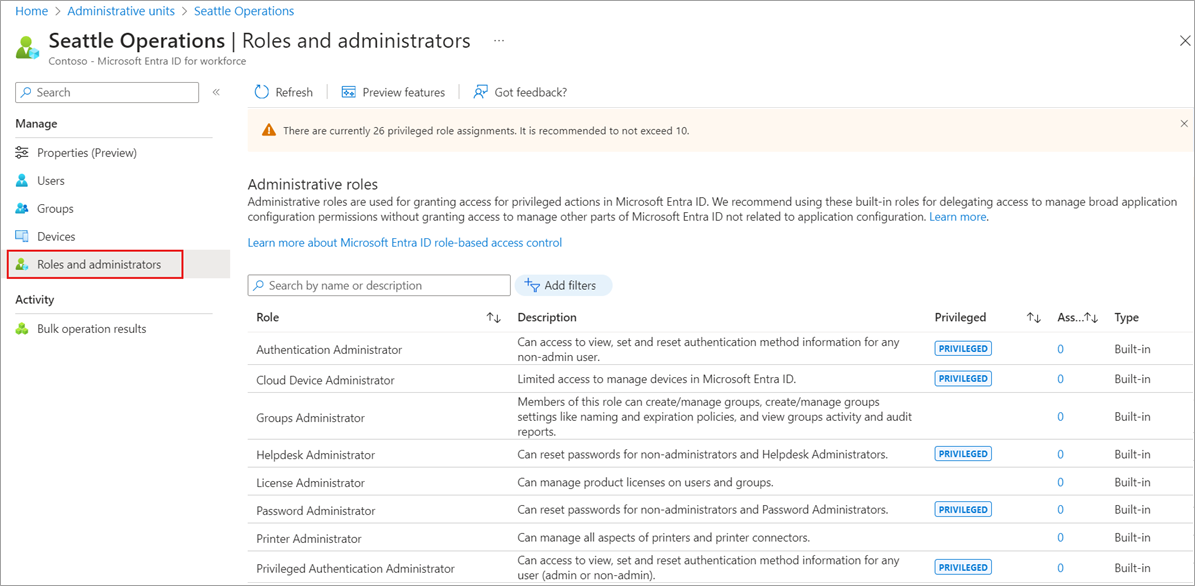 Menú Roles y administradores en unidades administrativas en Microsoft Entra ID.