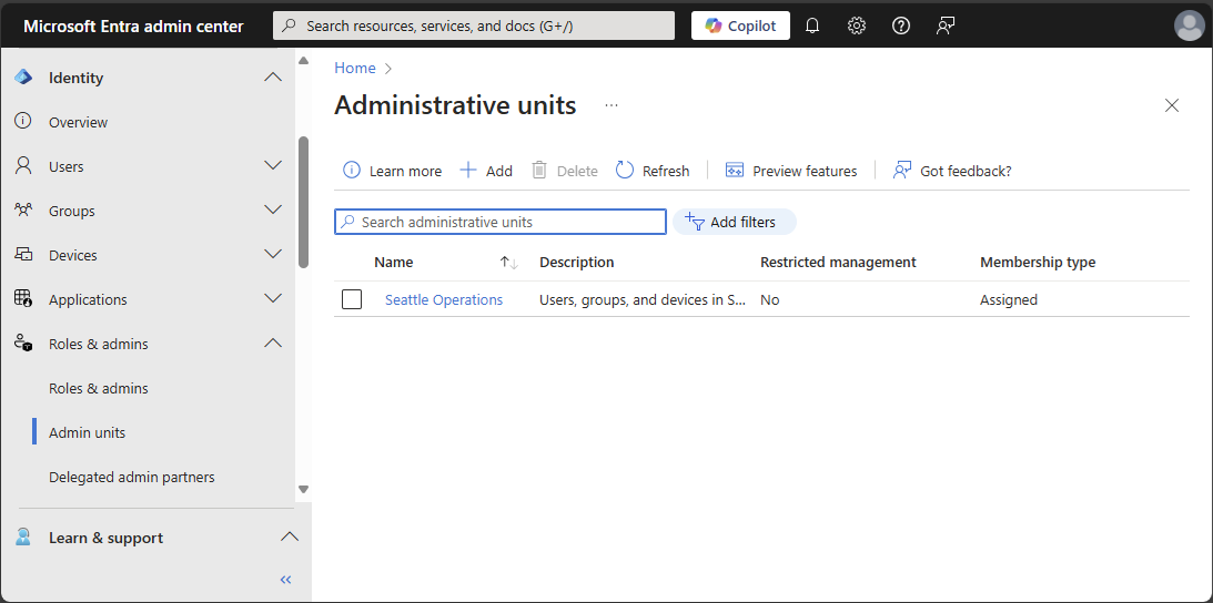 Captura de pantalla de unidades administrativas en el identificador de Microsoft Entra.