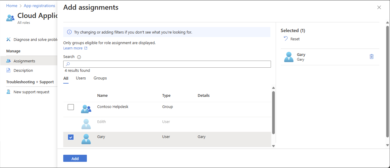Captura de pantalla de Agregar asignación de roles para un registro de aplicación en Microsoft Entra ID.