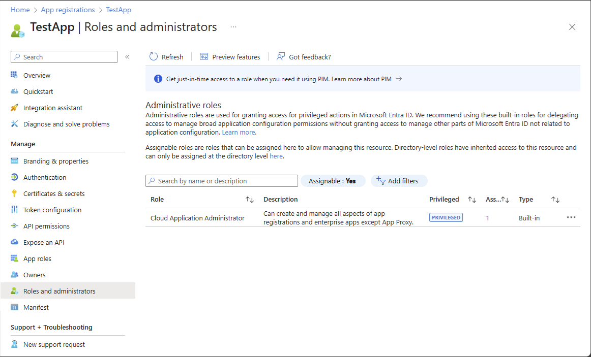 Captura de pantalla de Roles para los registros de aplicaciones en Microsoft Entra ID.
