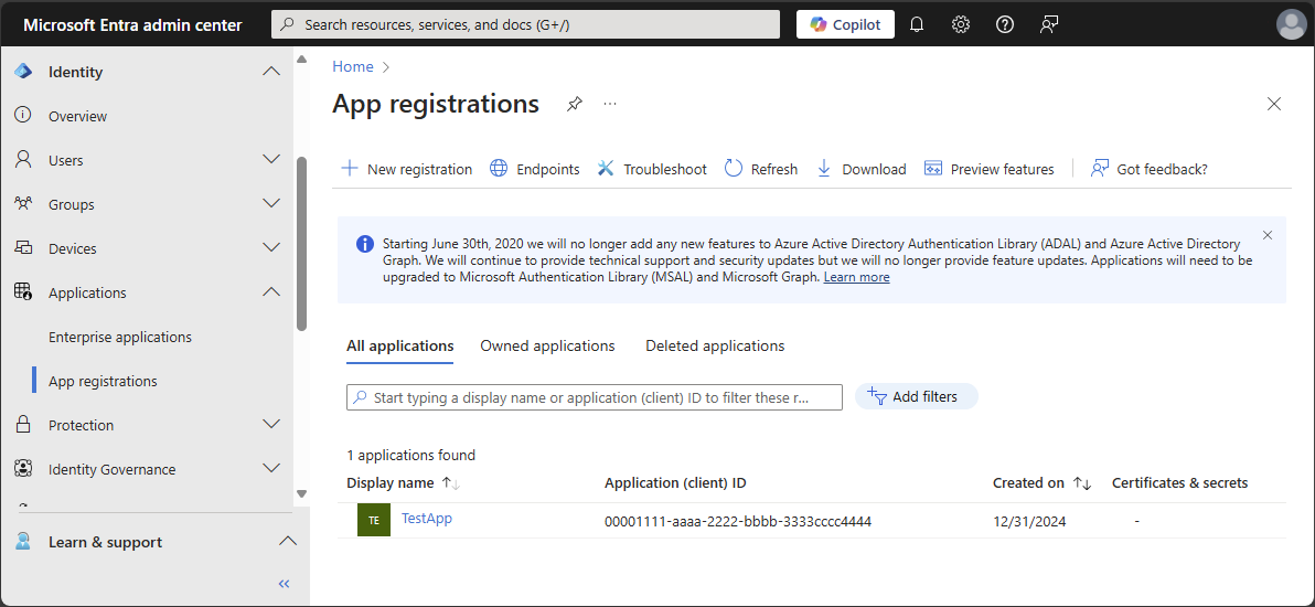 Captura de pantalla de los registros de aplicaciones en el identificador de Microsoft Entra.