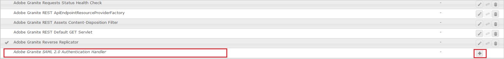 Captura de pantalla que resalta Adobe Granite SAML 2.0 Authentication Handler (Controlador de autenticación de Adobe Granite SAML 2.0).