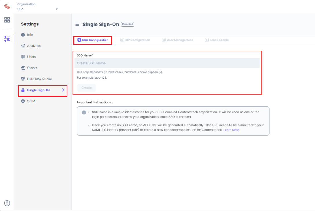 Proveedor de SSO Captura de pantalla que muestra los ajustes de la configuración.